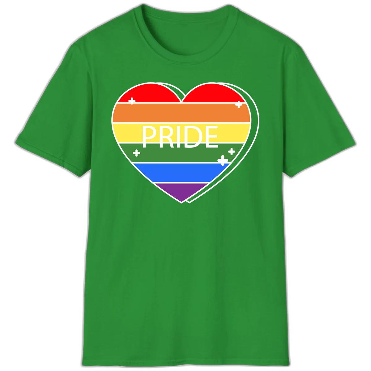 Rainbow pride heart with horizontal stripes and white 'PRIDE' text, featuring scattered plus signs and bold outline in Irish Green