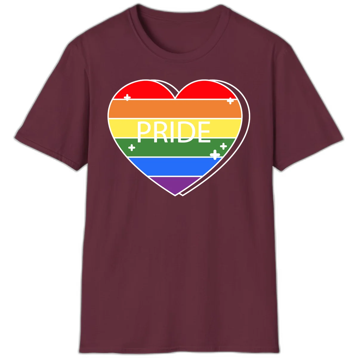 Rainbow pride heart with horizontal stripes and white 'PRIDE' text, featuring scattered plus signs and bold outline in Maroon