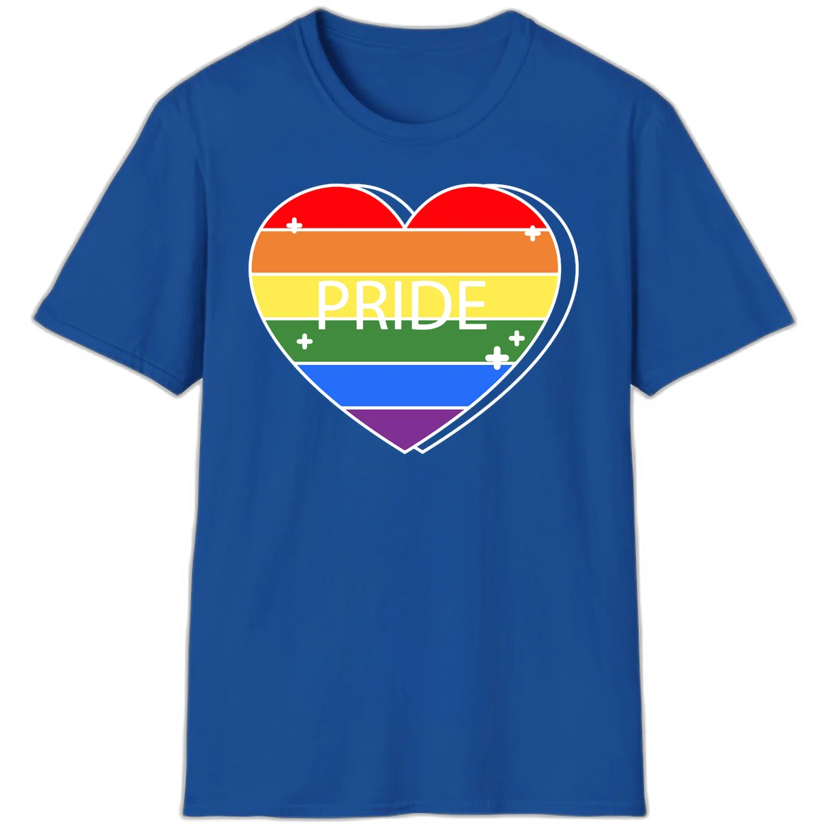 Rainbow pride heart with horizontal stripes and white 'PRIDE' text, featuring scattered plus signs and bold outline in Royal