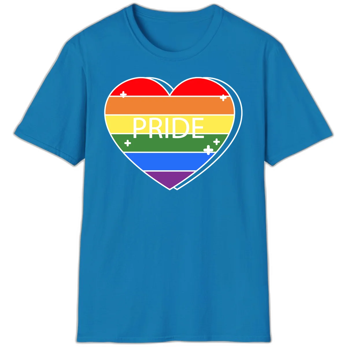 Rainbow pride heart with horizontal stripes and white 'PRIDE' text, featuring scattered plus signs and bold outline in Sapphire