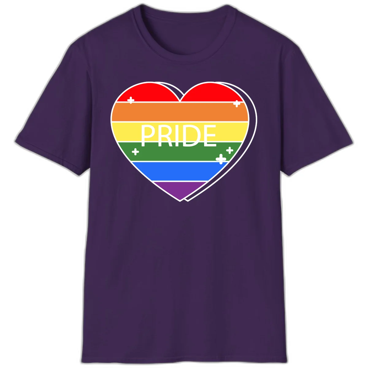 Rainbow pride heart with horizontal stripes and white 'PRIDE' text, featuring scattered plus signs and bold outline in Purple