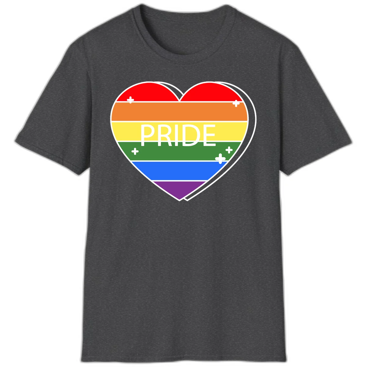 Rainbow pride heart with horizontal stripes and white 'PRIDE' text, featuring scattered plus signs and bold outline in Dark Heather