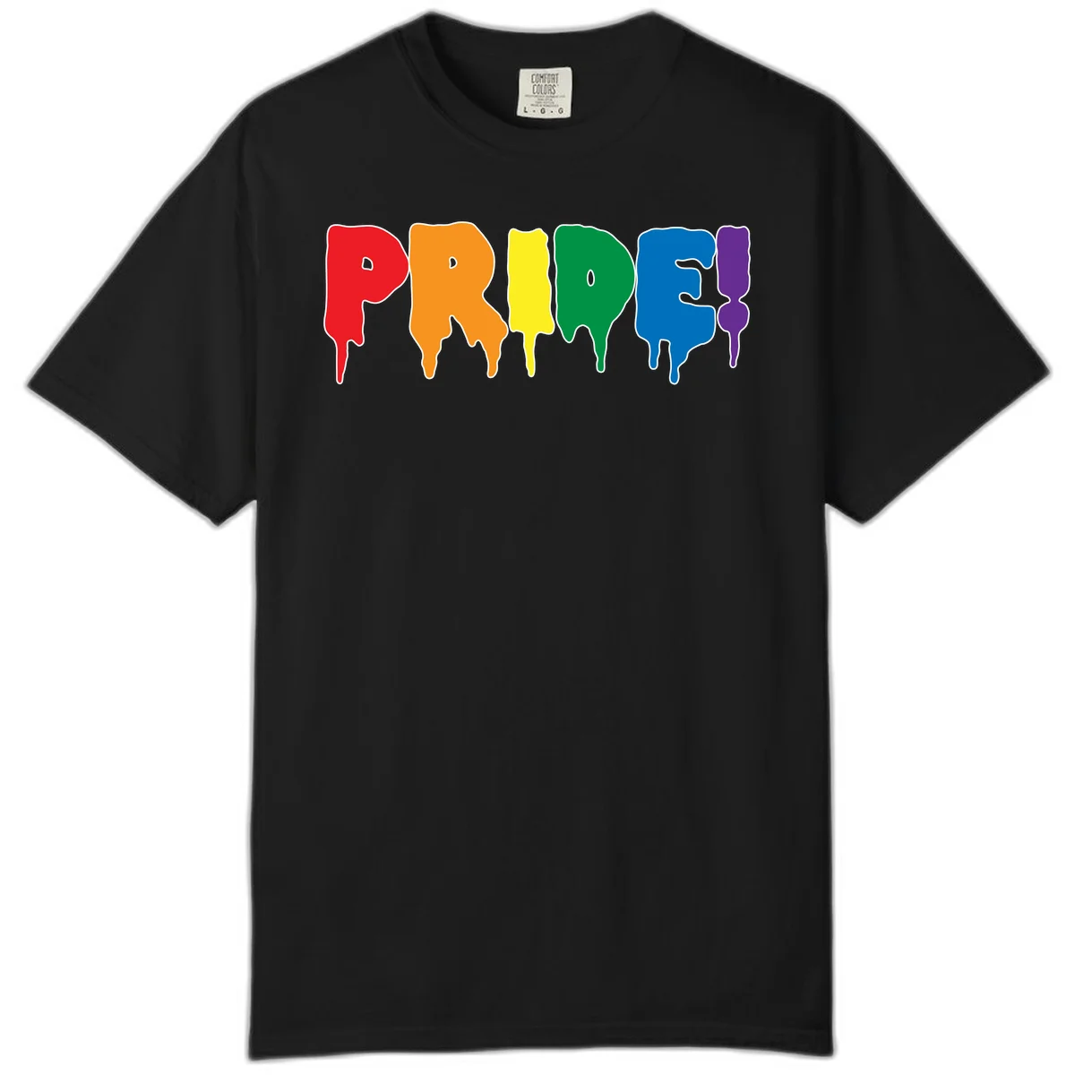 Colorful pride drip rainbow letters spelling PRIDE with melting paint effect in red, orange, yellow, green, blue, and purple in Black