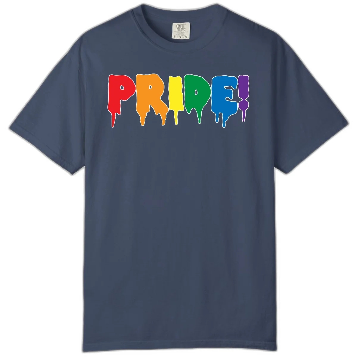 Colorful pride drip rainbow letters spelling PRIDE with melting paint effect in red, orange, yellow, green, blue, and purple in Midnight