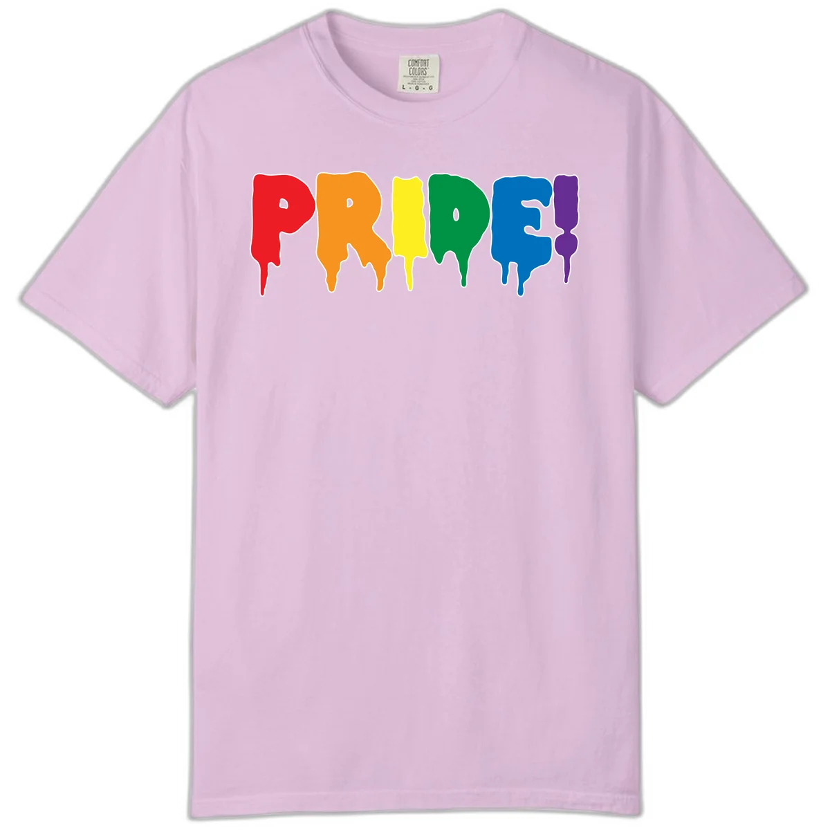 Colorful pride drip rainbow letters spelling PRIDE with melting paint effect in red, orange, yellow, green, blue, and purple in Orchid