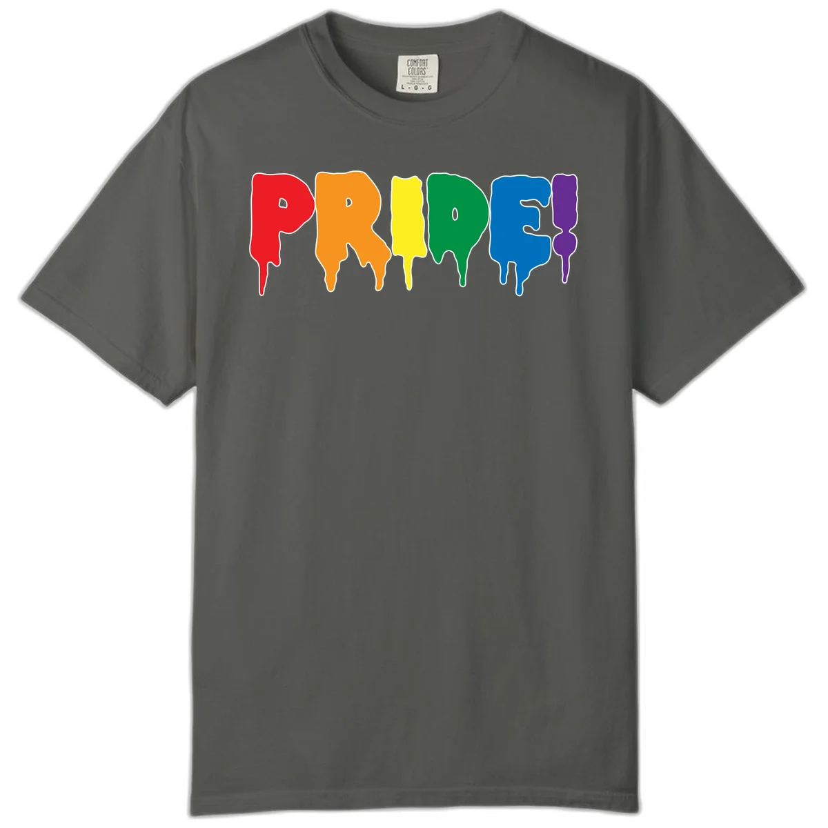 Colorful pride drip rainbow letters spelling PRIDE with melting paint effect in red, orange, yellow, green, blue, and purple in Pepper