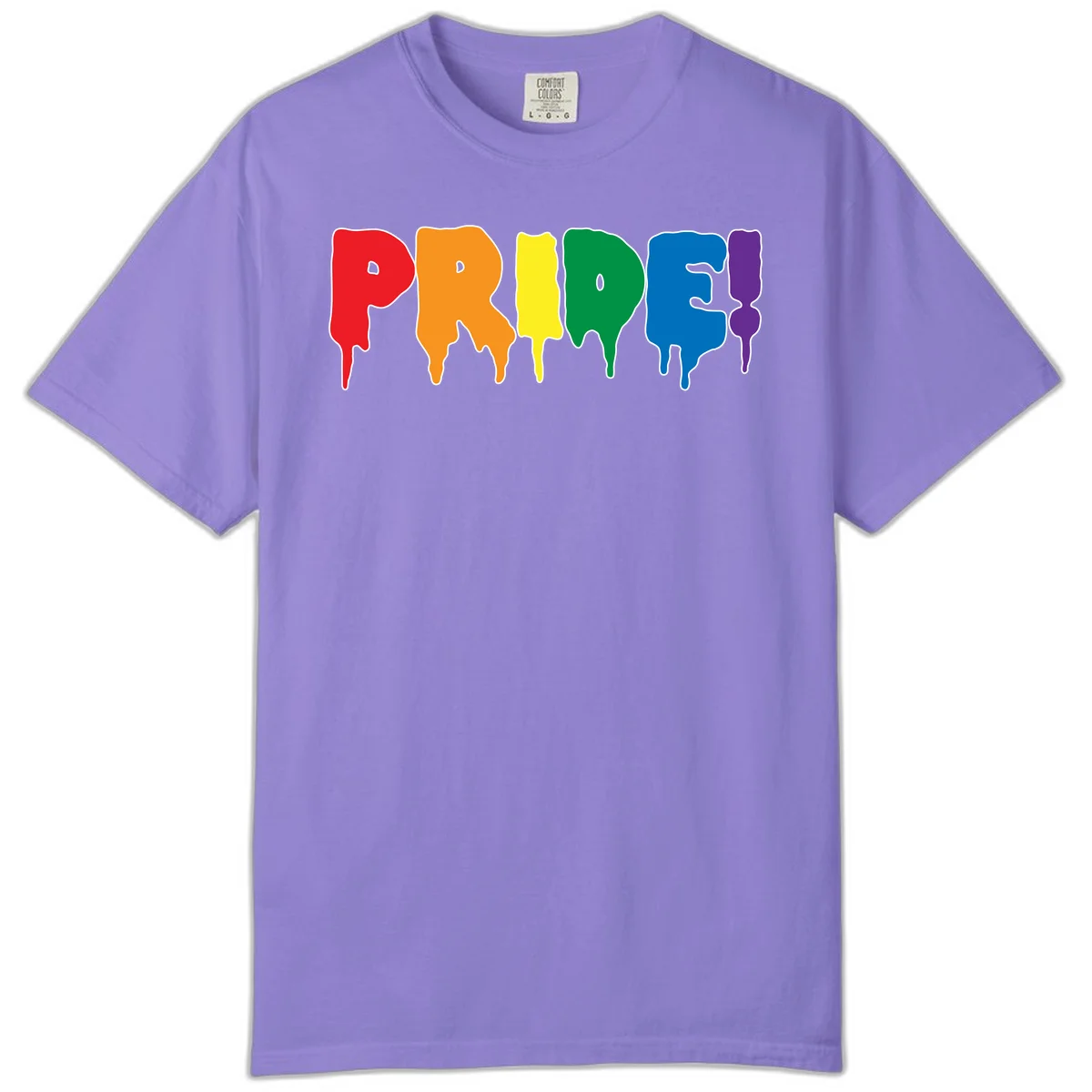 Colorful pride drip rainbow letters spelling PRIDE with melting paint effect in red, orange, yellow, green, blue, and purple in Violet
