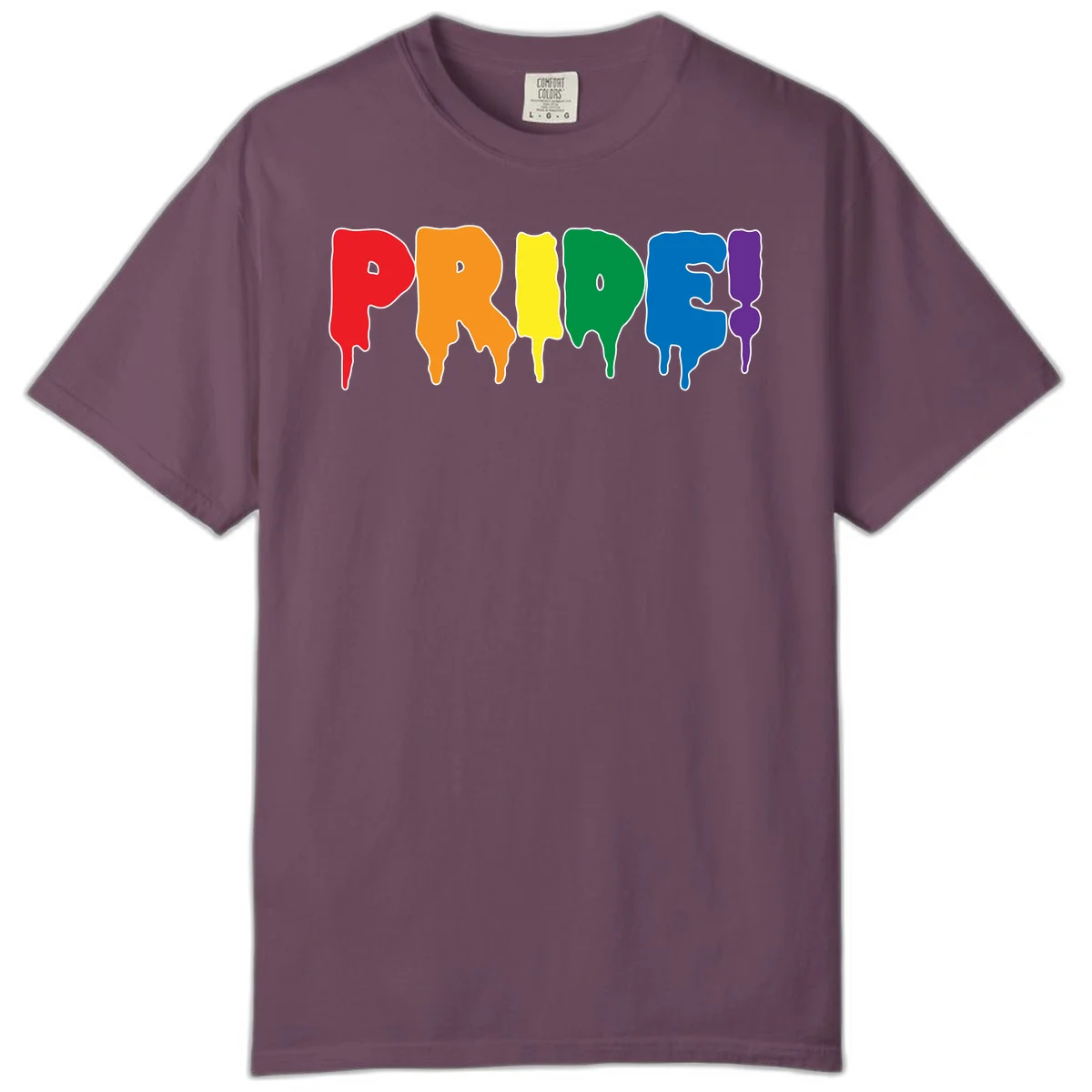 Colorful pride drip rainbow letters spelling PRIDE with melting paint effect in red, orange, yellow, green, blue, and purple in Berry
