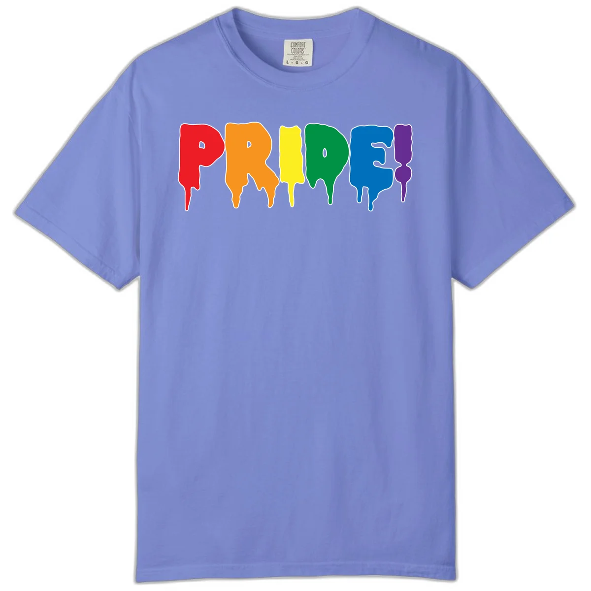 Colorful pride drip rainbow letters spelling PRIDE with melting paint effect in red, orange, yellow, green, blue, and purple in Flo Blue