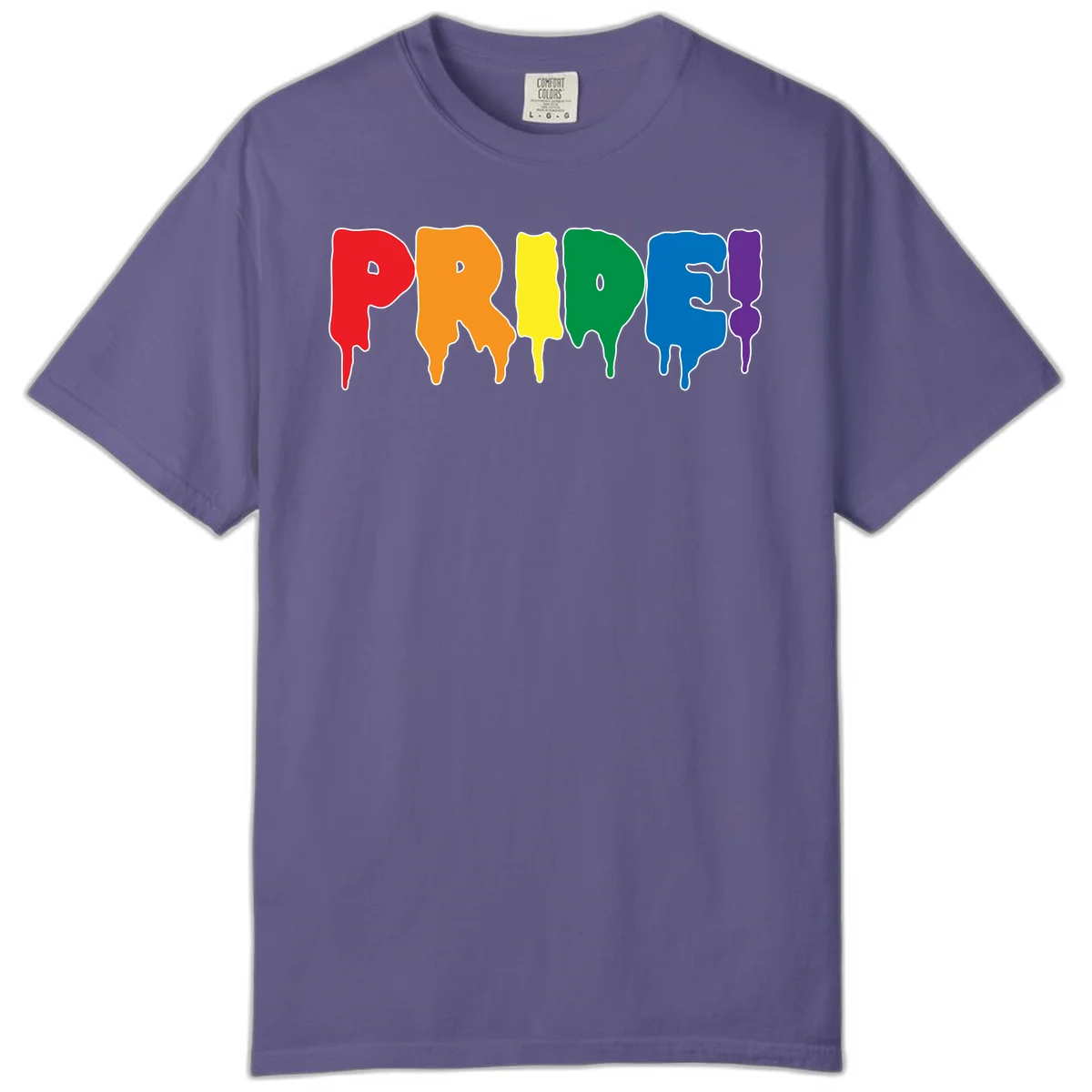 Colorful pride drip rainbow letters spelling PRIDE with melting paint effect in red, orange, yellow, green, blue, and purple in Grape