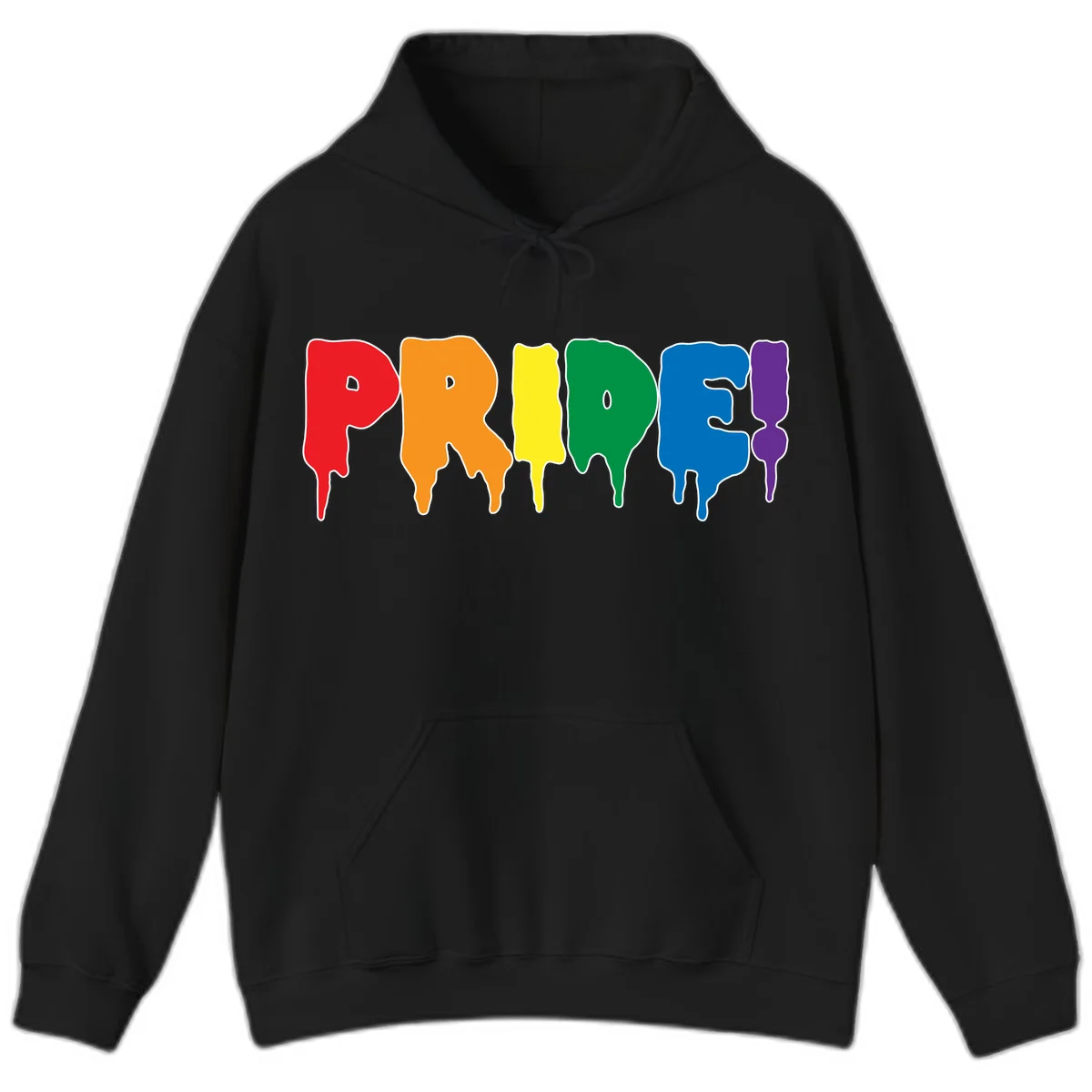 Colorful pride drip rainbow letters spelling PRIDE with melting paint effect in red, orange, yellow, green, blue, and purple in Black
