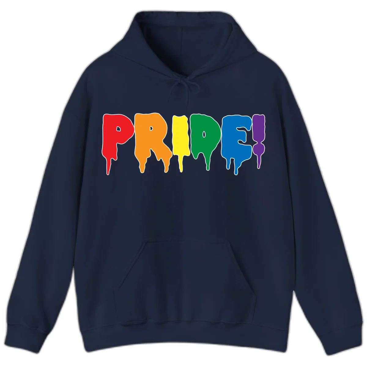 Colorful pride drip rainbow letters spelling PRIDE with melting paint effect in red, orange, yellow, green, blue, and purple in Navy