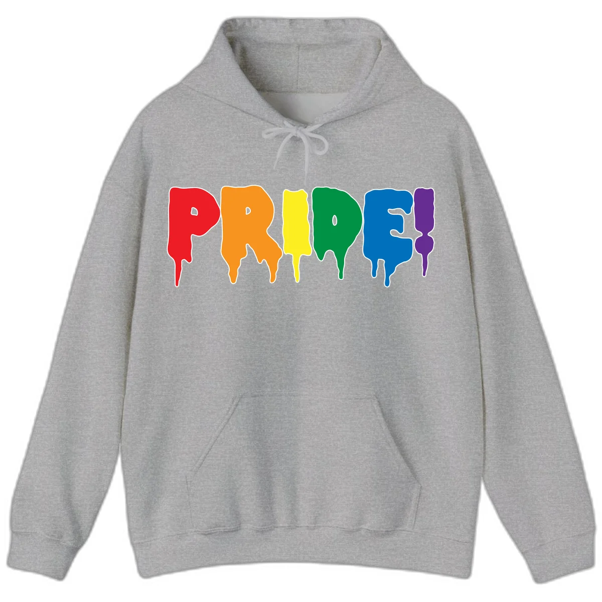 Colorful pride drip rainbow letters spelling PRIDE with melting paint effect in red, orange, yellow, green, blue, and purple in Sport Grey