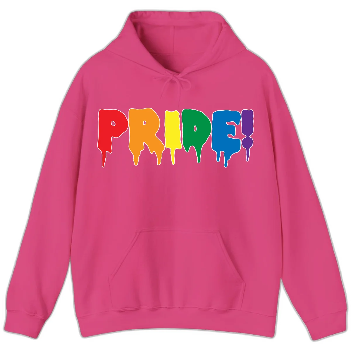Colorful pride drip rainbow letters spelling PRIDE with melting paint effect in red, orange, yellow, green, blue, and purple in Heliconia