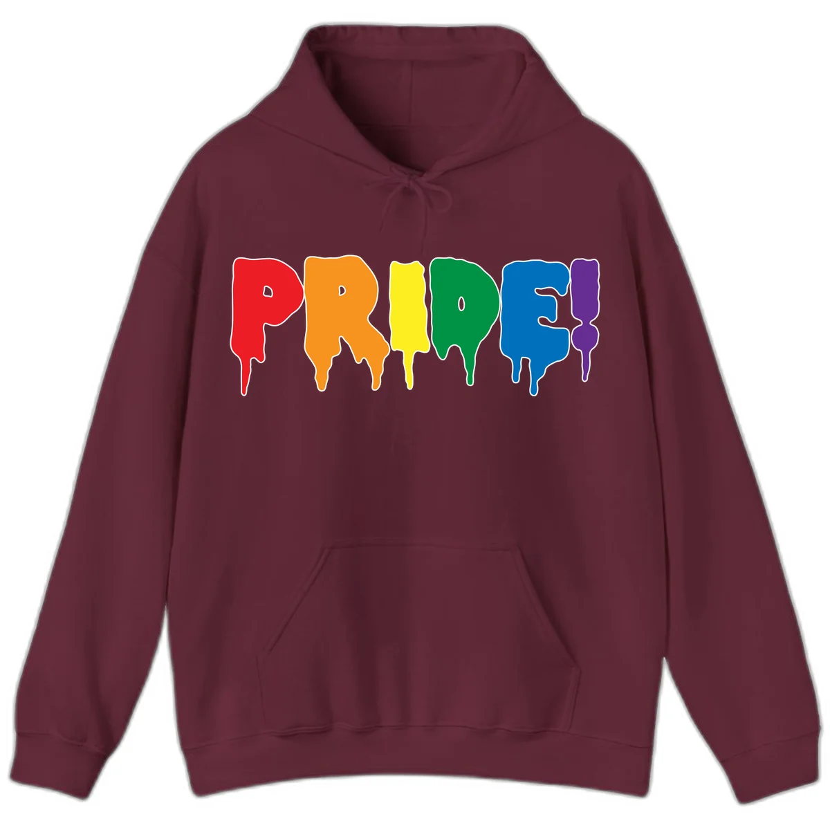 Colorful pride drip rainbow letters spelling PRIDE with melting paint effect in red, orange, yellow, green, blue, and purple in Maroon