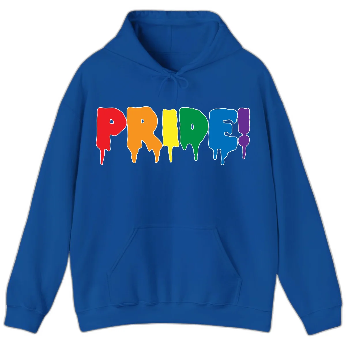 Colorful pride drip rainbow letters spelling PRIDE with melting paint effect in red, orange, yellow, green, blue, and purple in Royal