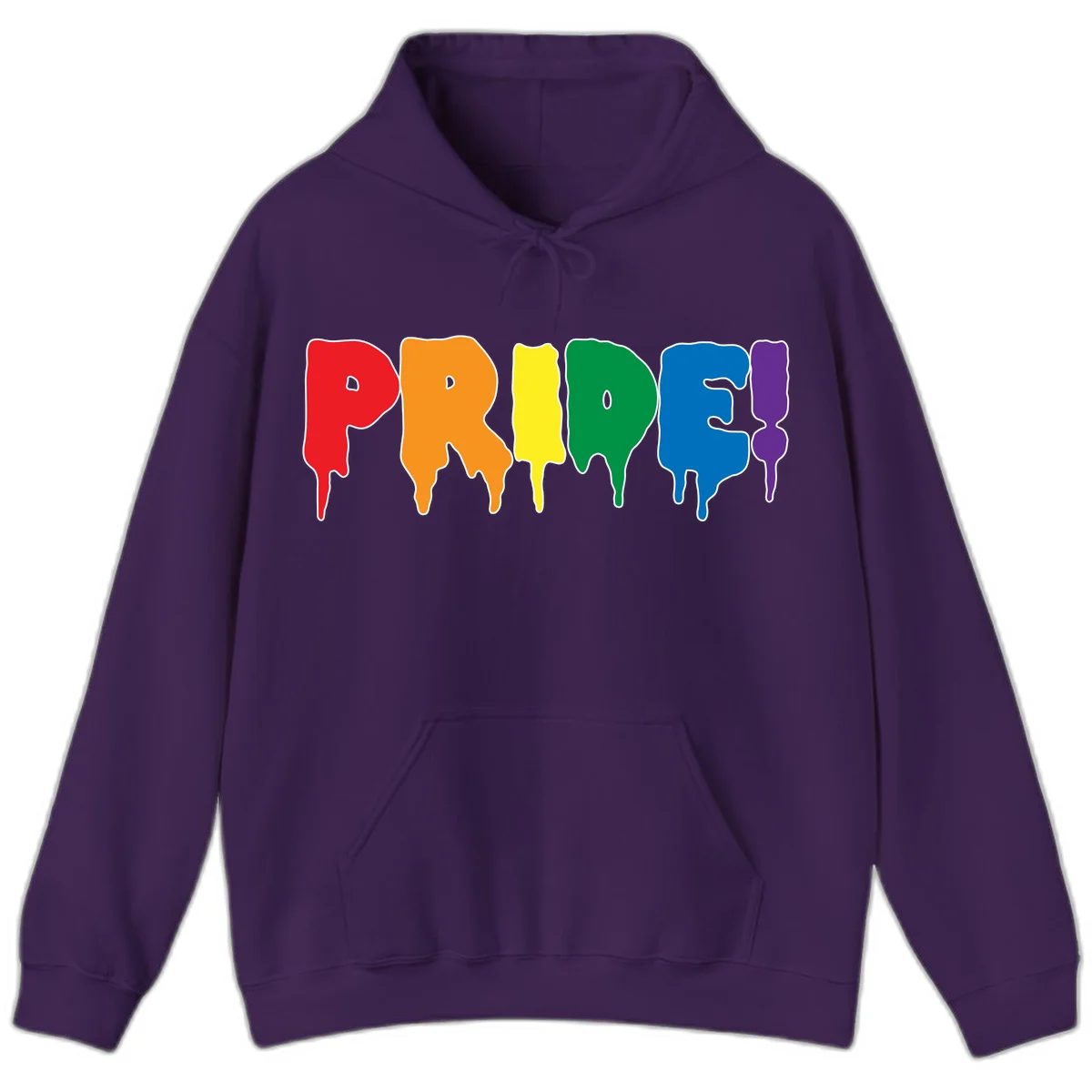 Colorful pride drip rainbow letters spelling PRIDE with melting paint effect in red, orange, yellow, green, blue, and purple in Purple