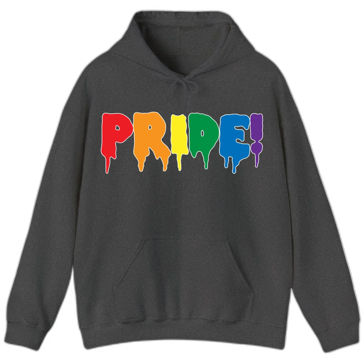 Colorful pride drip rainbow letters spelling PRIDE with melting paint effect in red, orange, yellow, green, blue, and purple in Dark Heather