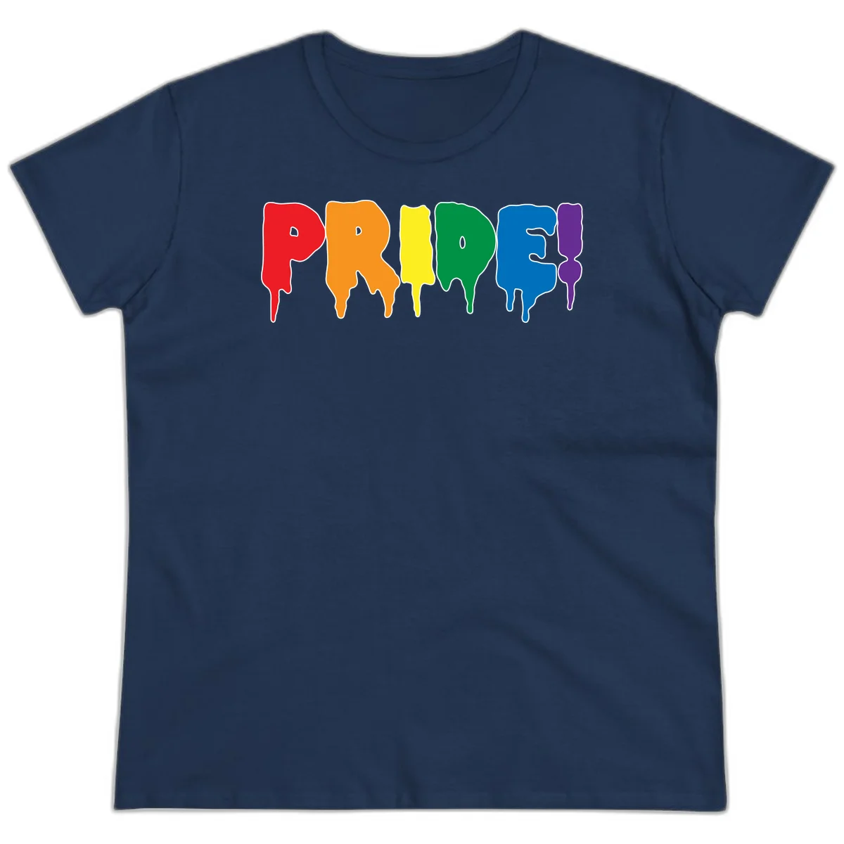 Colorful pride drip rainbow letters spelling PRIDE with melting paint effect in red, orange, yellow, green, blue, and purple in Navy