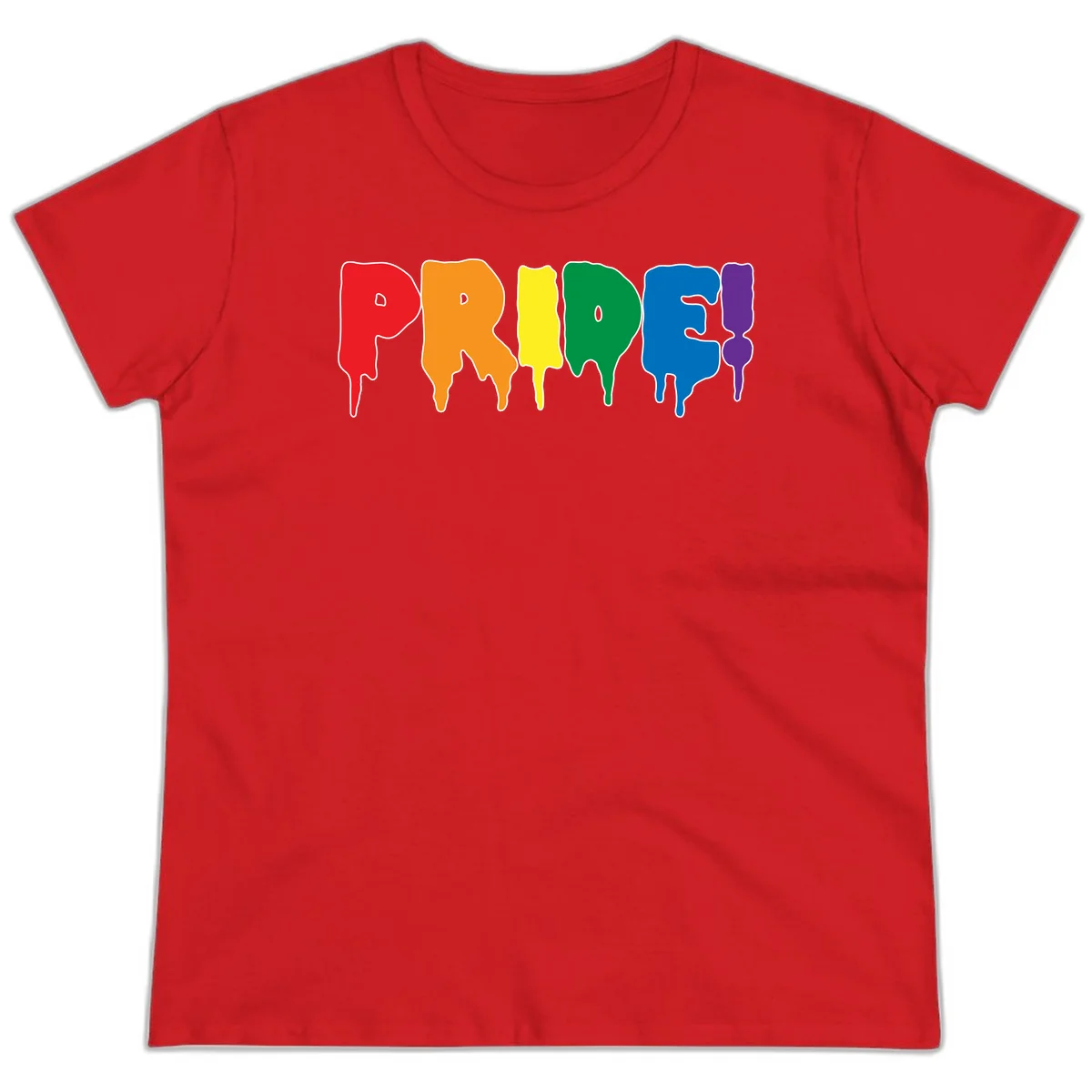 Colorful pride drip rainbow letters spelling PRIDE with melting paint effect in red, orange, yellow, green, blue, and purple in Red