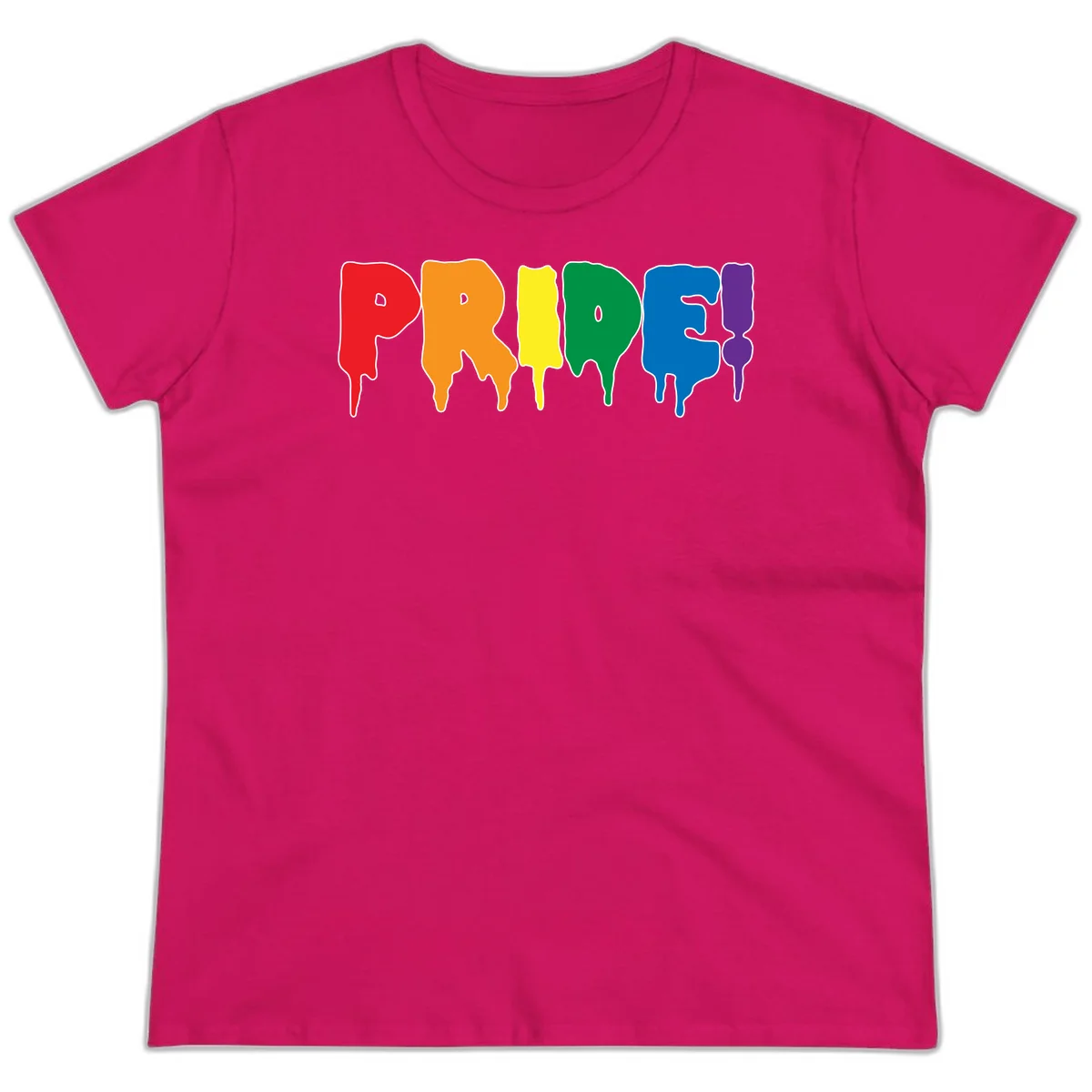 Colorful pride drip rainbow letters spelling PRIDE with melting paint effect in red, orange, yellow, green, blue, and purple in Heliconia