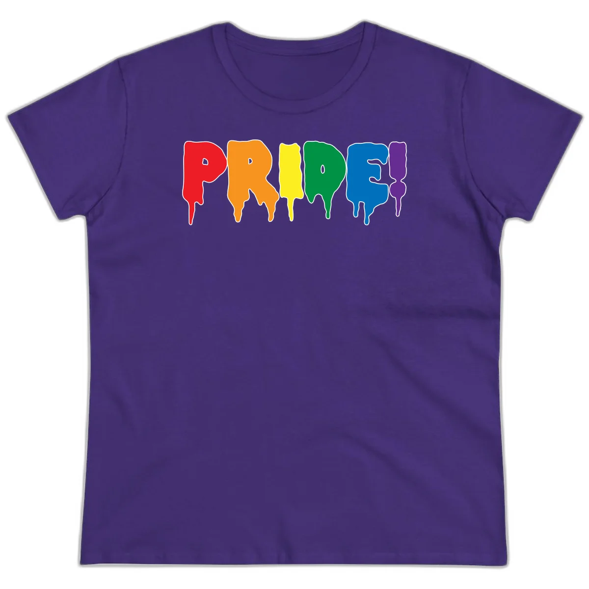 Colorful pride drip rainbow letters spelling PRIDE with melting paint effect in red, orange, yellow, green, blue, and purple in Purple