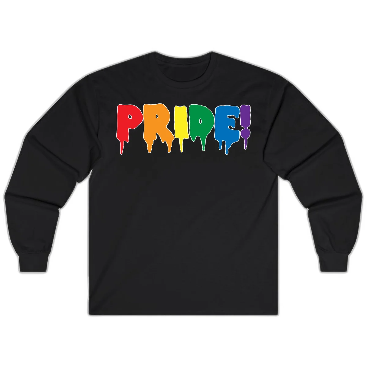 Colorful pride drip rainbow letters spelling PRIDE with melting paint effect in red, orange, yellow, green, blue, and purple in Black
