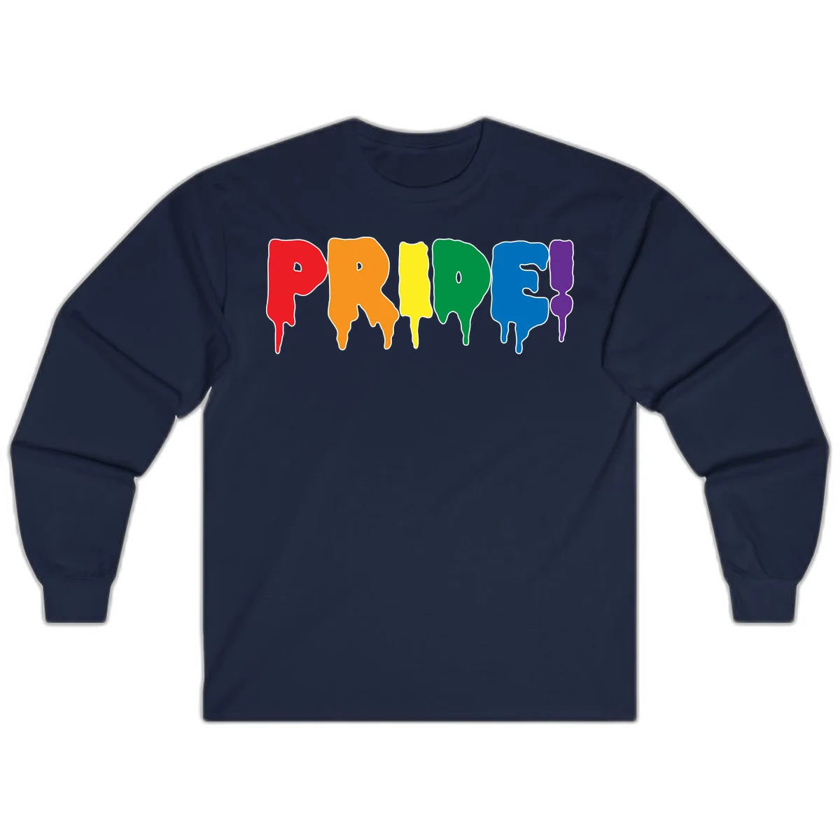 Colorful pride drip rainbow letters spelling PRIDE with melting paint effect in red, orange, yellow, green, blue, and purple in Navy