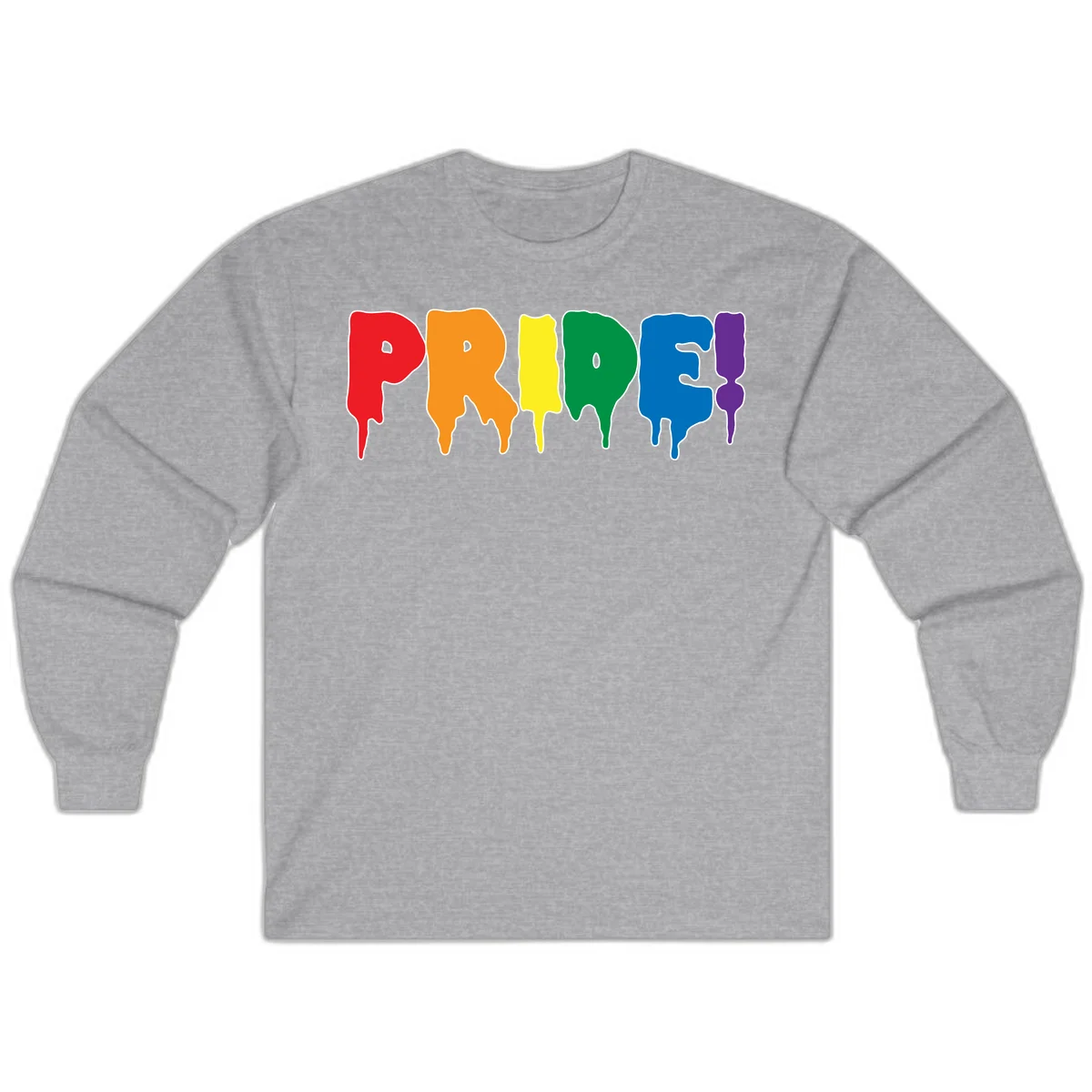 Colorful pride drip rainbow letters spelling PRIDE with melting paint effect in red, orange, yellow, green, blue, and purple in Sport Grey