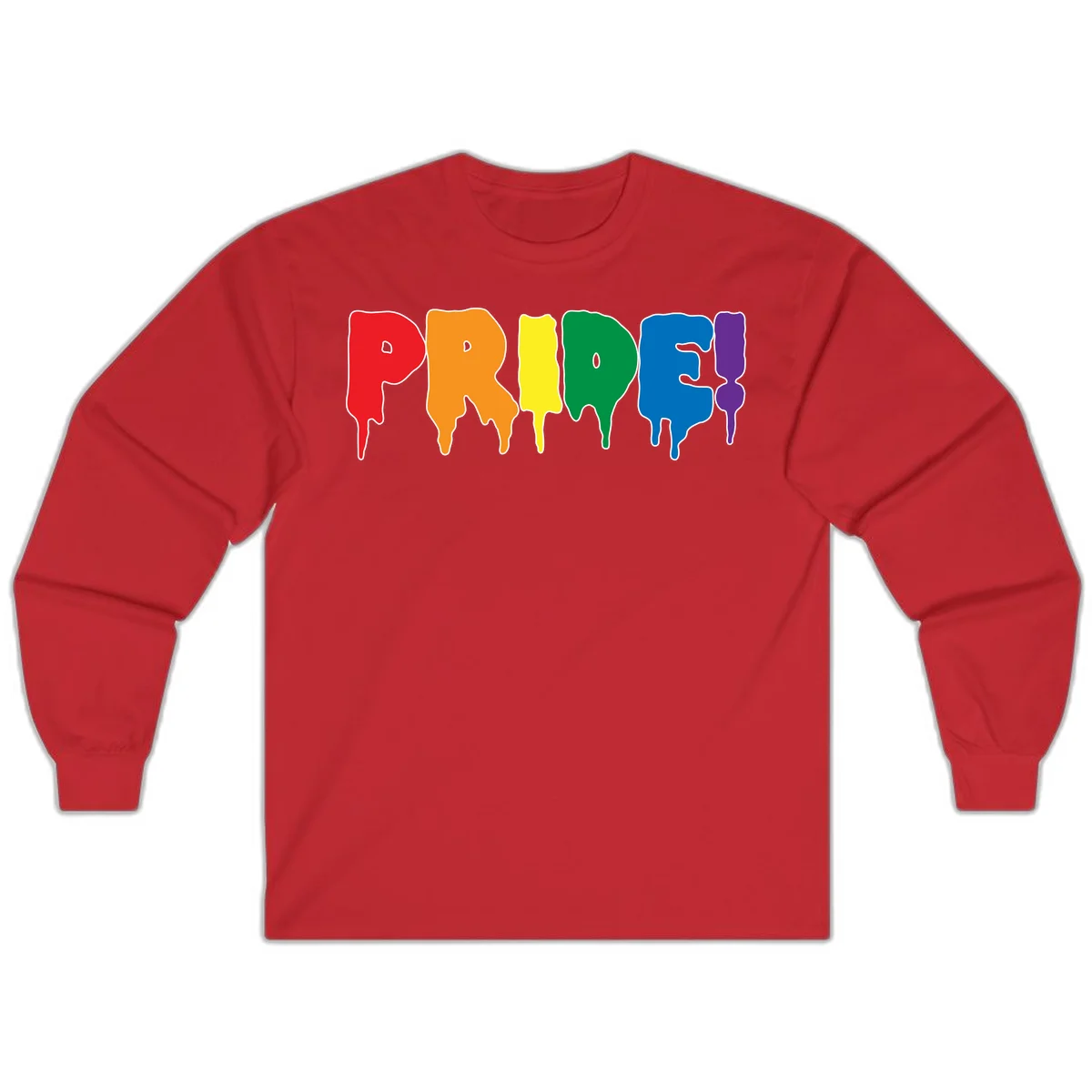 Colorful pride drip rainbow letters spelling PRIDE with melting paint effect in red, orange, yellow, green, blue, and purple in Red