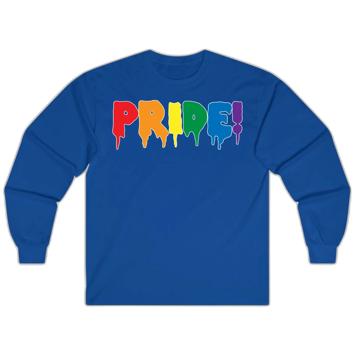 Colorful pride drip rainbow letters spelling PRIDE with melting paint effect in red, orange, yellow, green, blue, and purple in Royal