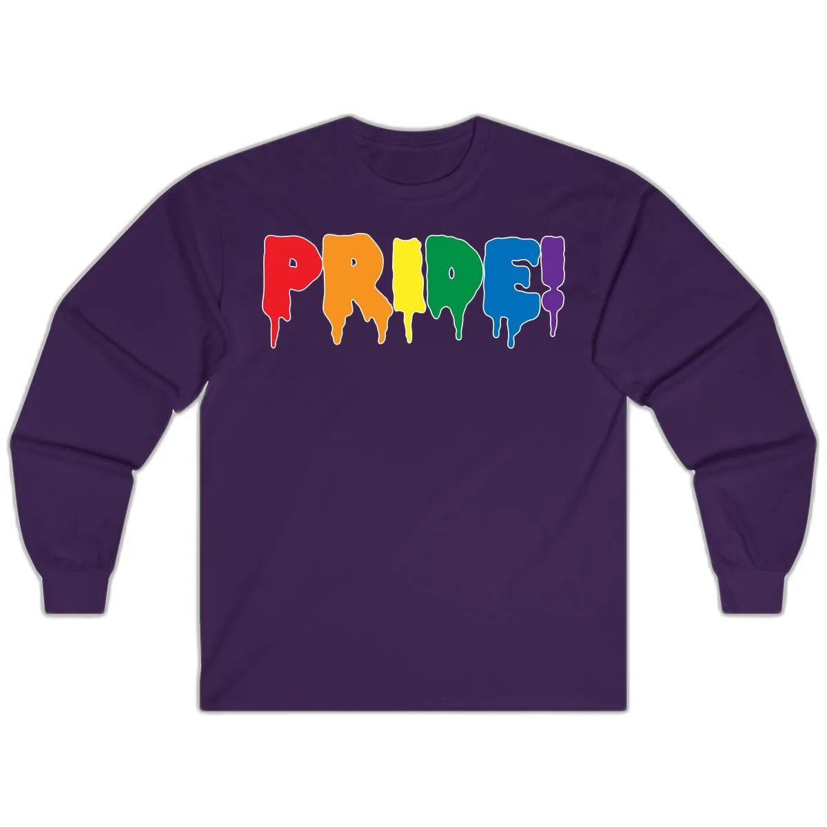Colorful pride drip rainbow letters spelling PRIDE with melting paint effect in red, orange, yellow, green, blue, and purple in Purple