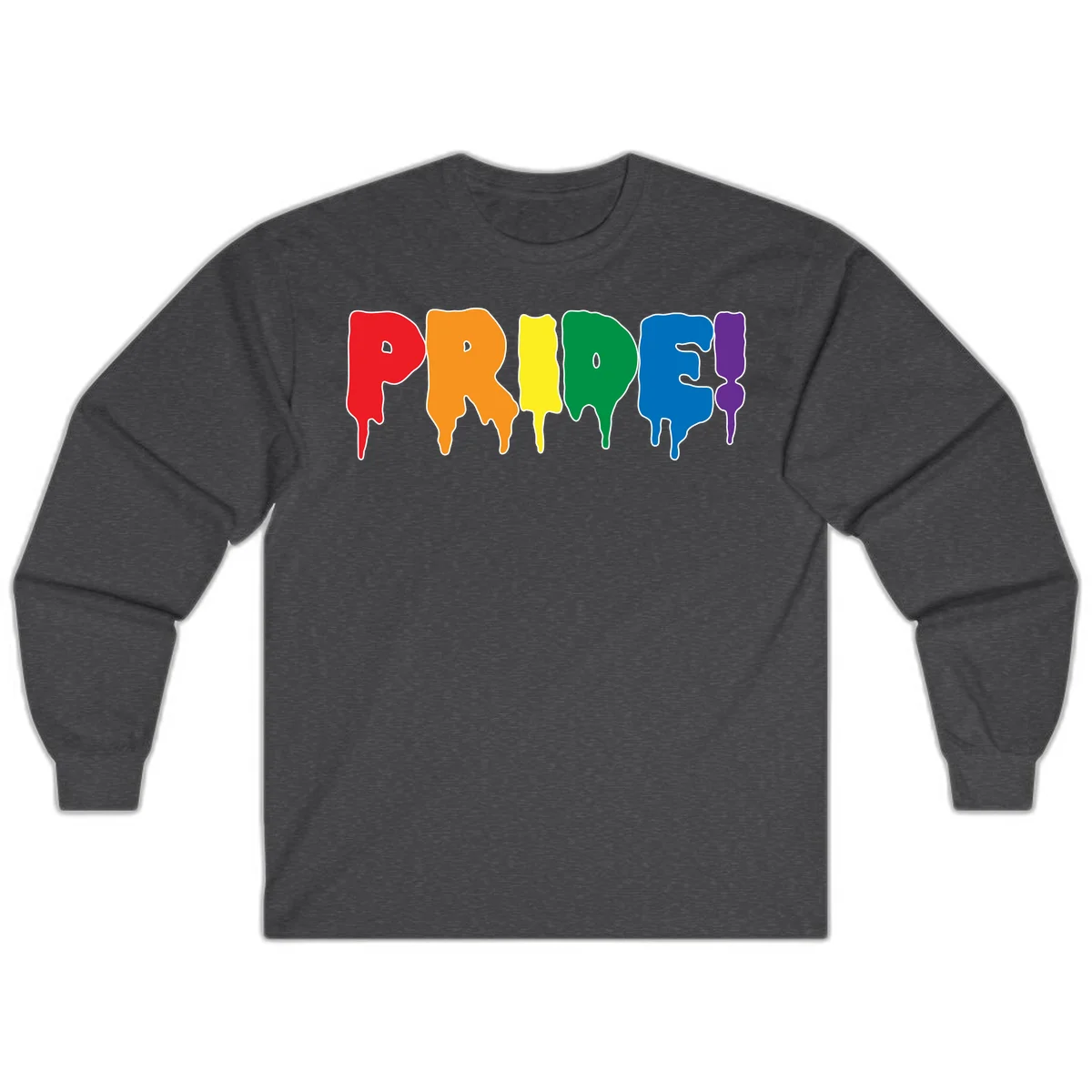 Colorful pride drip rainbow letters spelling PRIDE with melting paint effect in red, orange, yellow, green, blue, and purple in Dark Heather
