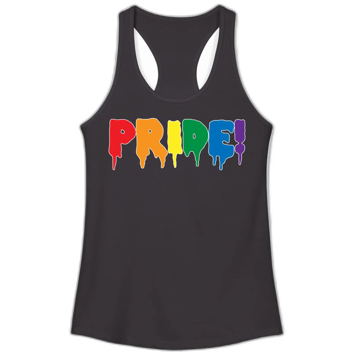 Colorful pride drip rainbow letters spelling PRIDE with melting paint effect in red, orange, yellow, green, blue, and purple in Black