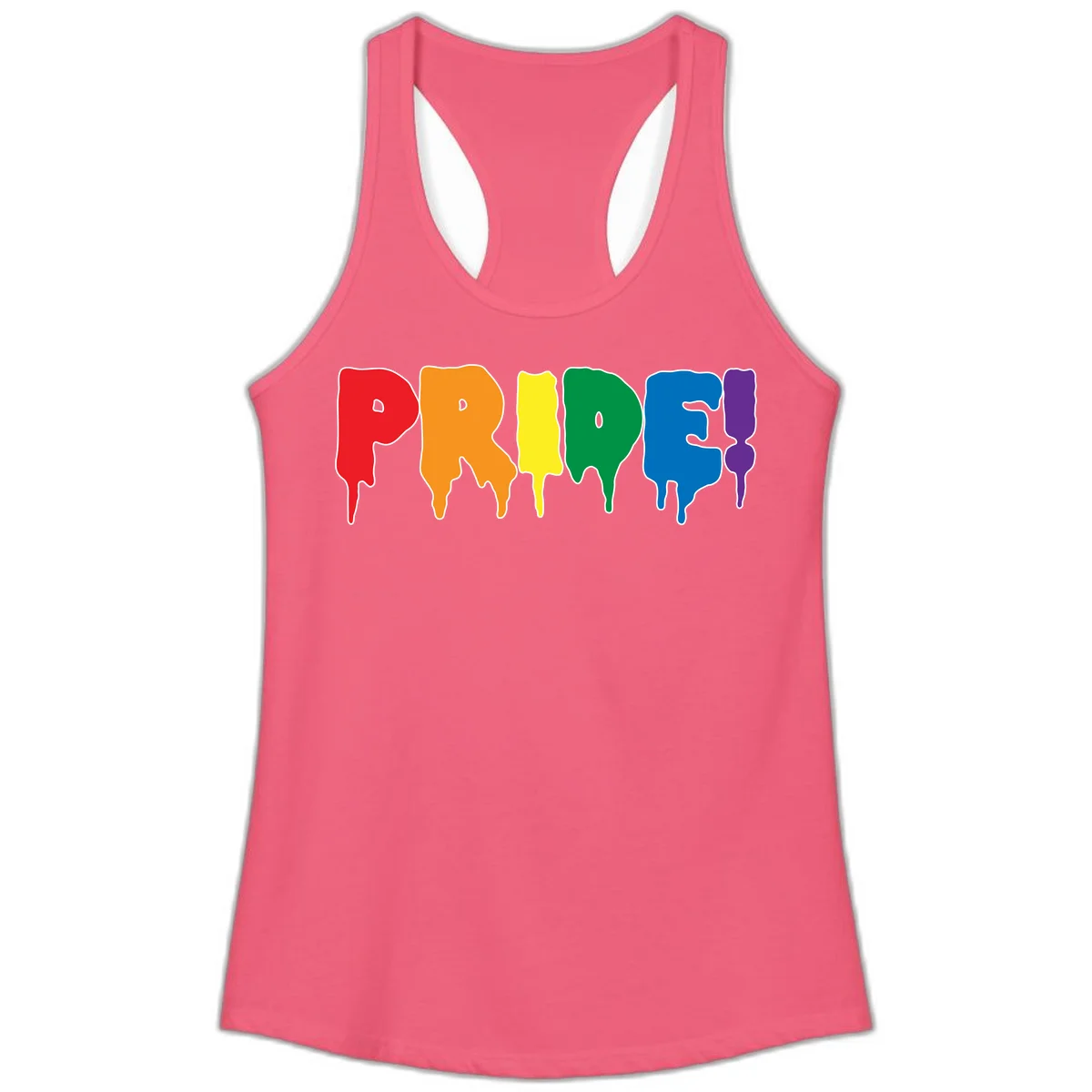 Colorful pride drip rainbow letters spelling PRIDE with melting paint effect in red, orange, yellow, green, blue, and purple in Hot Pink