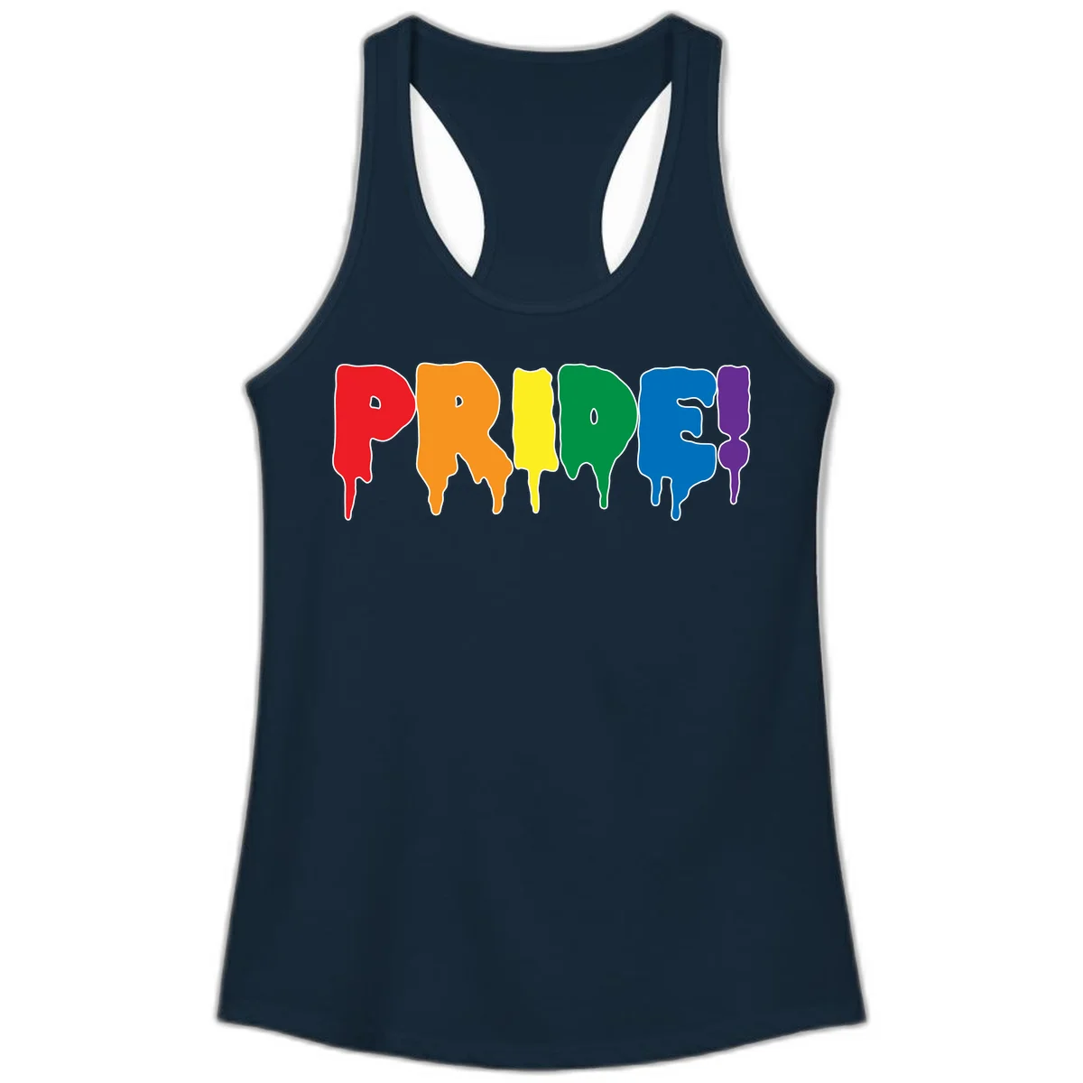 Colorful pride drip rainbow letters spelling PRIDE with melting paint effect in red, orange, yellow, green, blue, and purple in Solid Midnight Navy