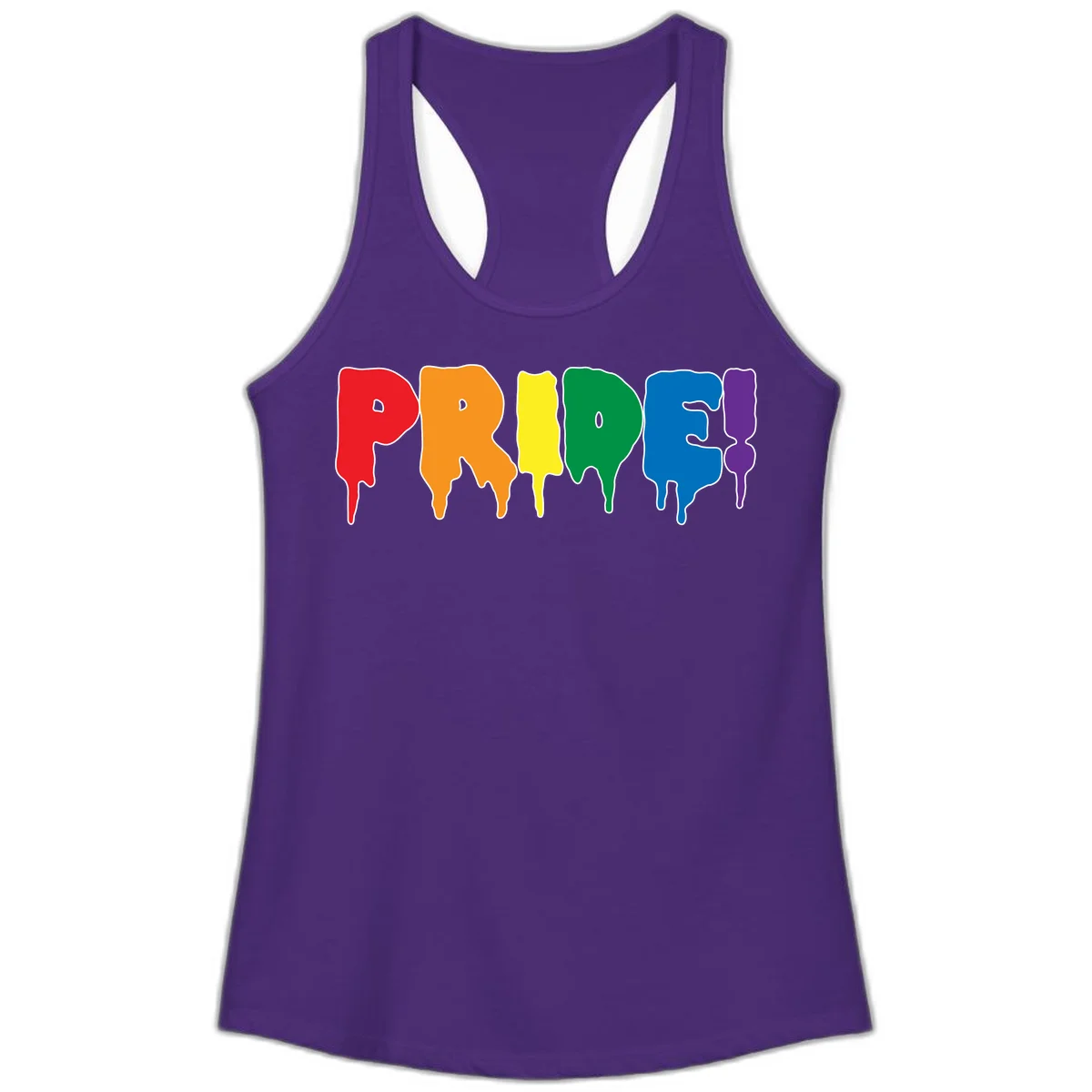 Colorful pride drip rainbow letters spelling PRIDE with melting paint effect in red, orange, yellow, green, blue, and purple in Solid Purple Rush