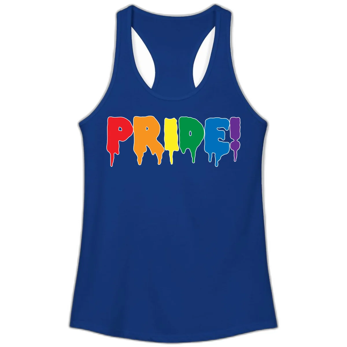 Colorful pride drip rainbow letters spelling PRIDE with melting paint effect in red, orange, yellow, green, blue, and purple in Solid Royal