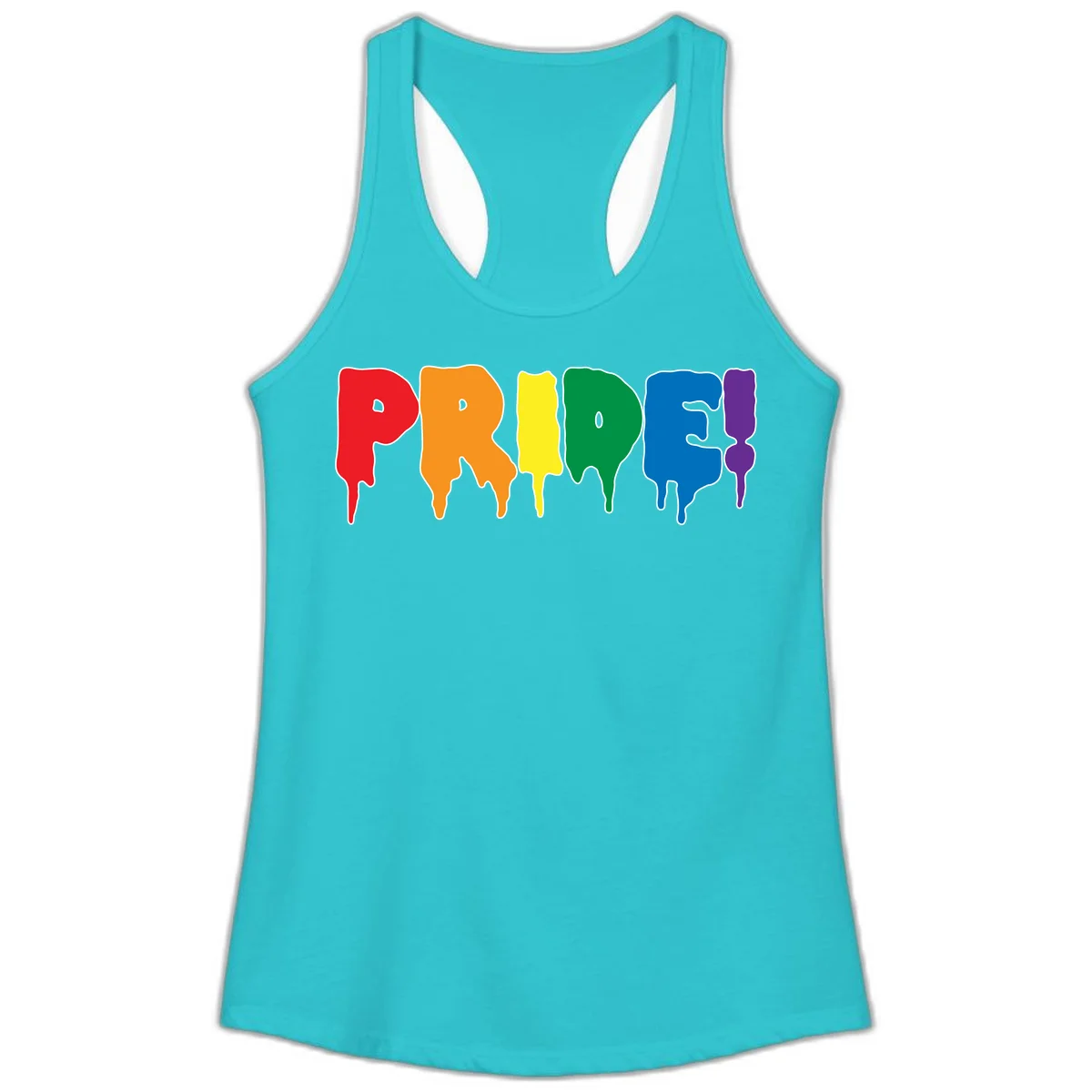 Colorful pride drip rainbow letters spelling PRIDE with melting paint effect in red, orange, yellow, green, blue, and purple in Solid Tahiti Blue