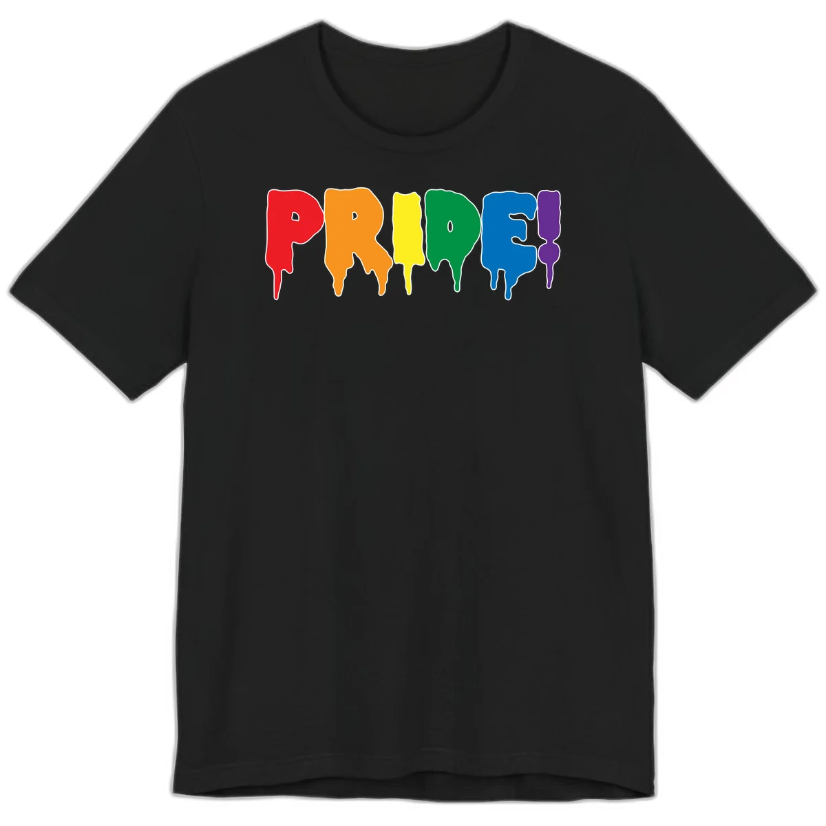 Colorful pride drip rainbow letters spelling PRIDE with melting paint effect in red, orange, yellow, green, blue, and purple in Black