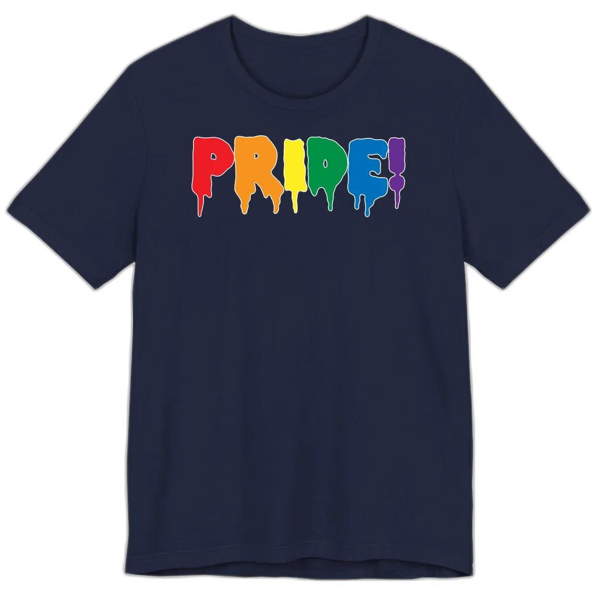 Colorful pride drip rainbow letters spelling PRIDE with melting paint effect in red, orange, yellow, green, blue, and purple in Navy