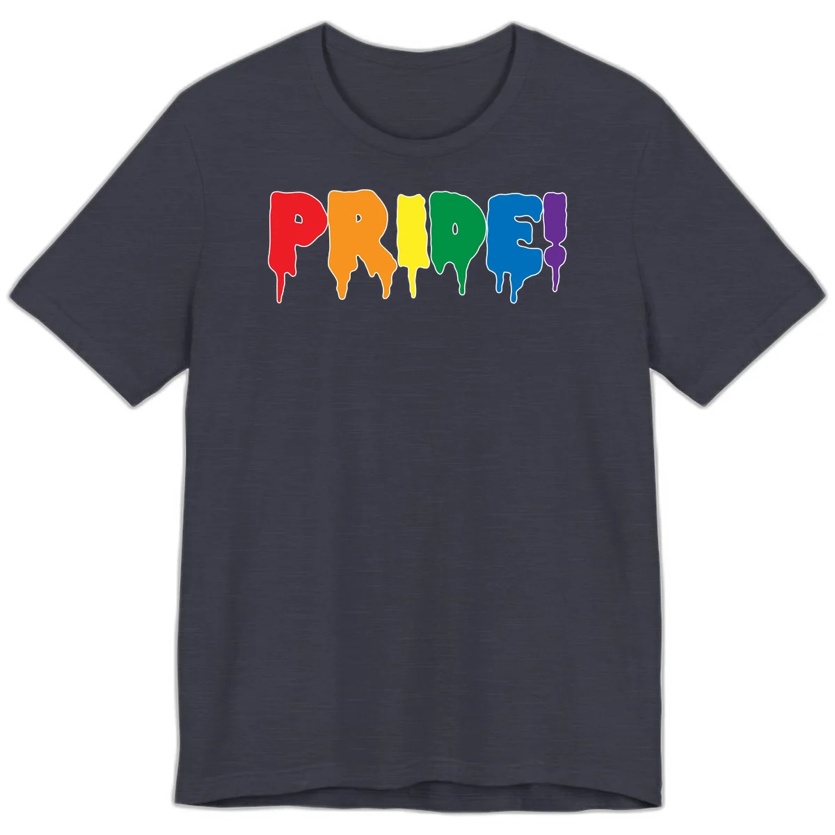 Colorful pride drip rainbow letters spelling PRIDE with melting paint effect in red, orange, yellow, green, blue, and purple in Heather Midnight Navy