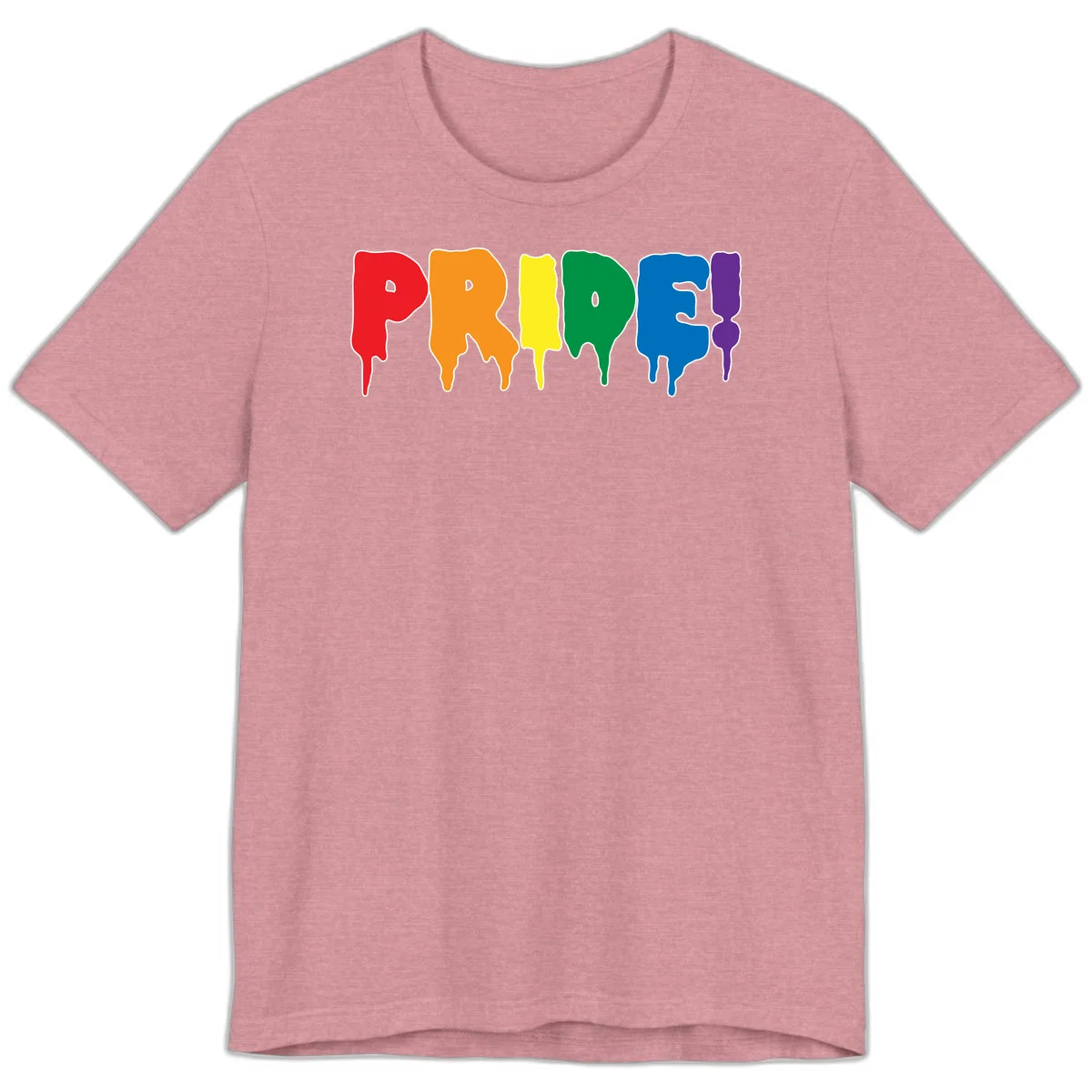 Colorful pride drip rainbow letters spelling PRIDE with melting paint effect in red, orange, yellow, green, blue, and purple in Heather Orchid