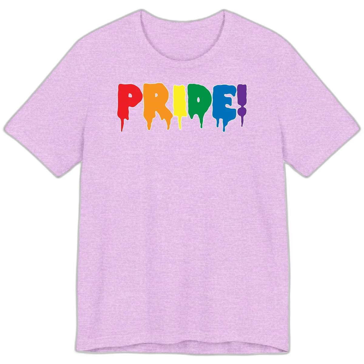 Colorful pride drip rainbow letters spelling PRIDE with melting paint effect in red, orange, yellow, green, blue, and purple in Heather Prism Lilac