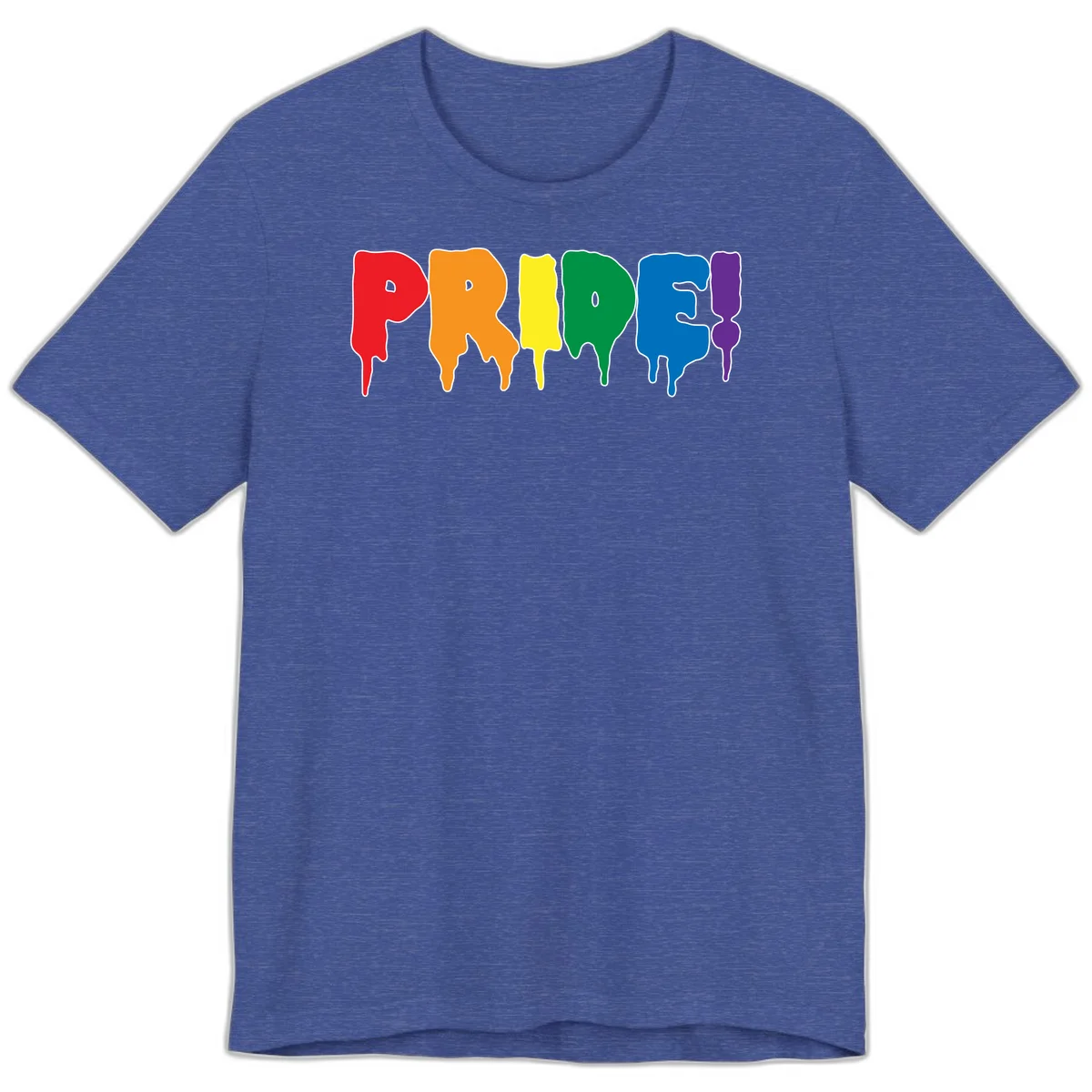 Colorful pride drip rainbow letters spelling PRIDE with melting paint effect in red, orange, yellow, green, blue, and purple in Heather True Royal