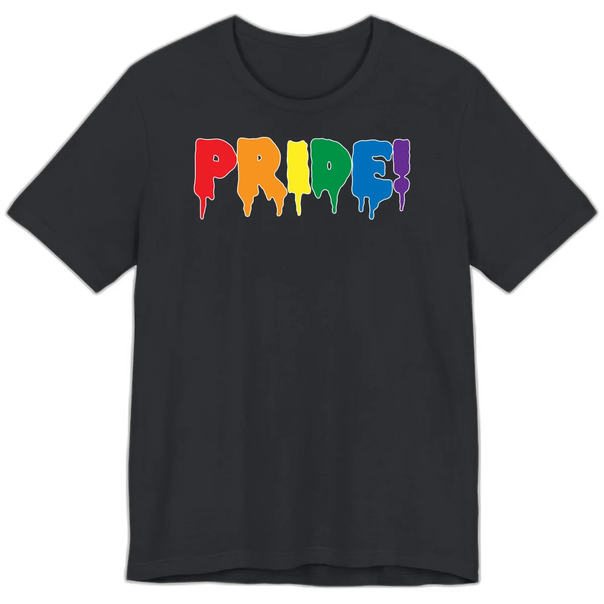 Colorful pride drip rainbow letters spelling PRIDE with melting paint effect in red, orange, yellow, green, blue, and purple in Vintage Black