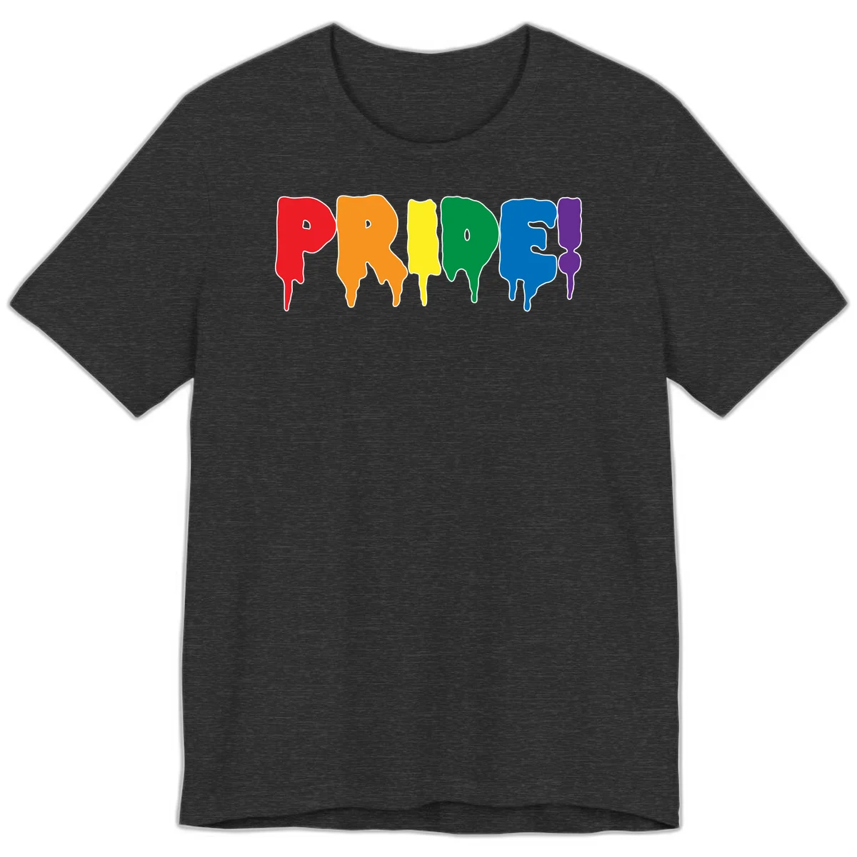 Colorful pride drip rainbow letters spelling PRIDE with melting paint effect in red, orange, yellow, green, blue, and purple in Dark Grey Heather