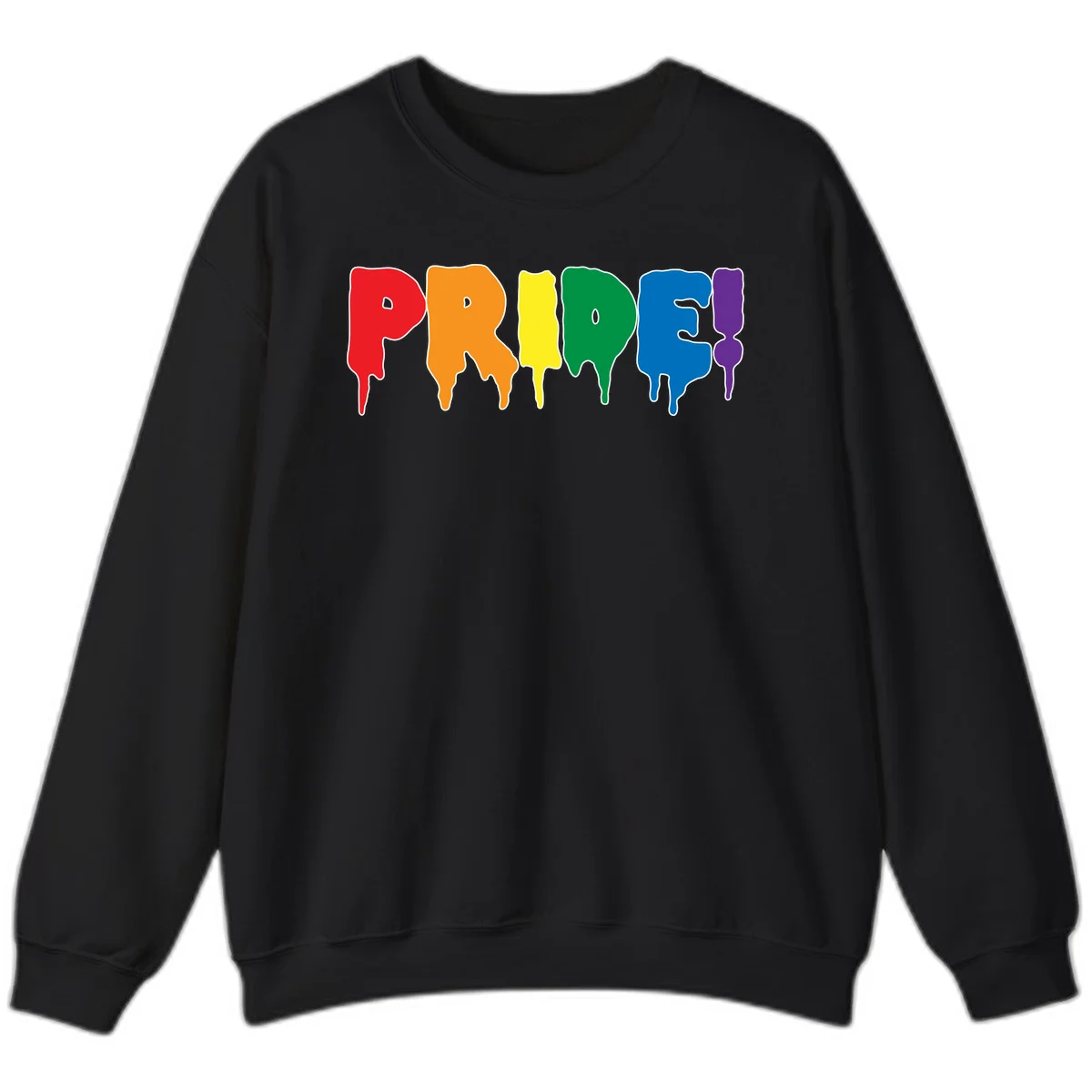 Colorful pride drip rainbow letters spelling PRIDE with melting paint effect in red, orange, yellow, green, blue, and purple in Black