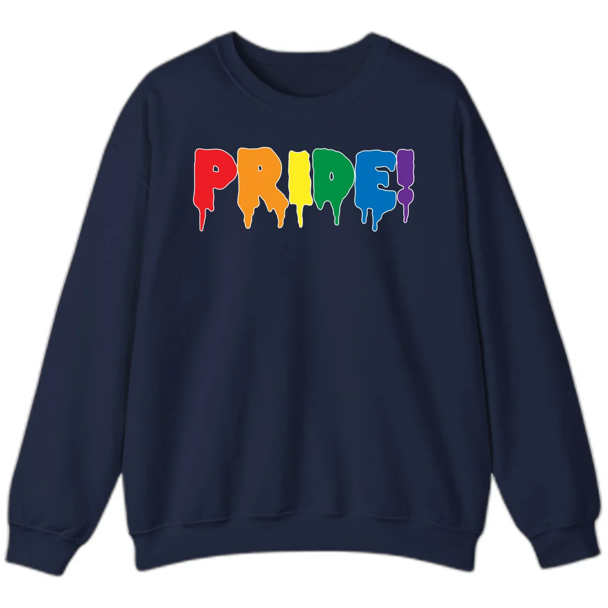 Colorful pride drip rainbow letters spelling PRIDE with melting paint effect in red, orange, yellow, green, blue, and purple in Navy