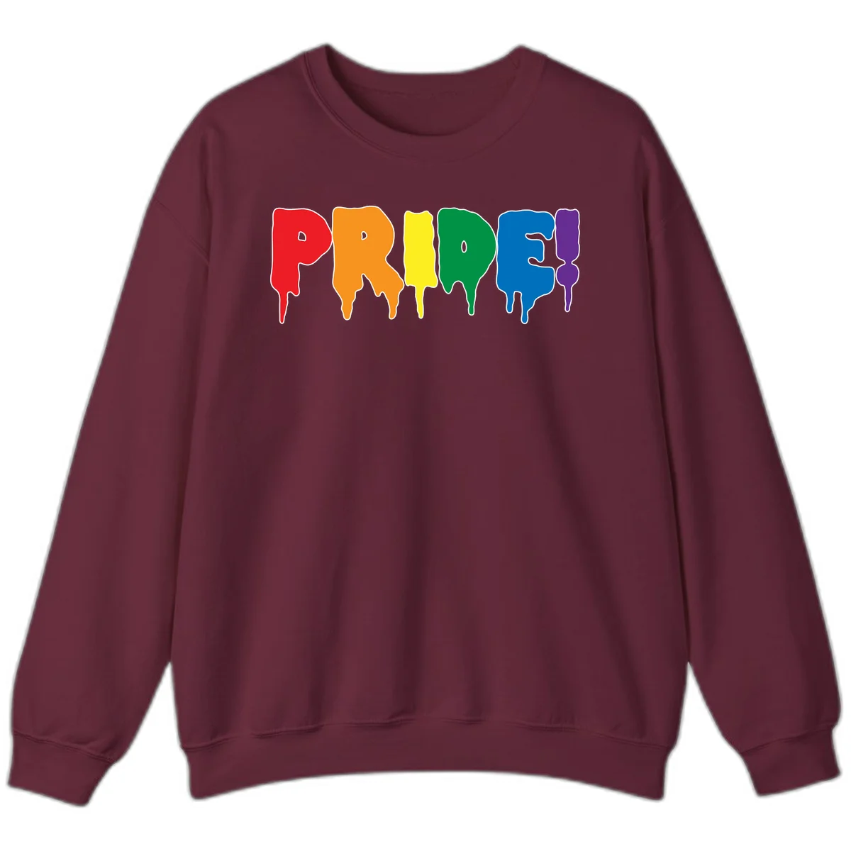 Colorful pride drip rainbow letters spelling PRIDE with melting paint effect in red, orange, yellow, green, blue, and purple in Maroon